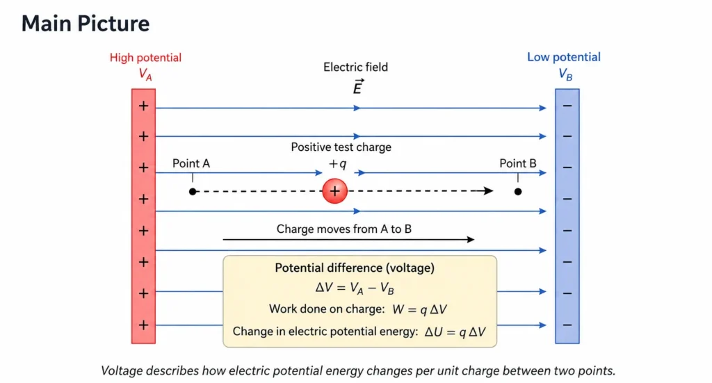 Diagram showing a positive test charge moving from point A to point B in a uniform electric field, with high and low electric potential, voltage, and energy change per unit charge.