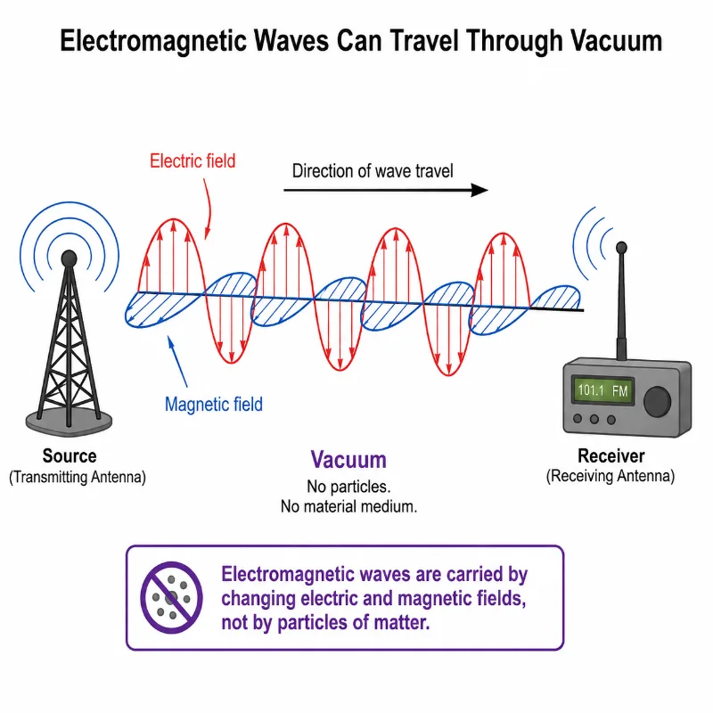 Diagram showing electromagnetic waves travelling through vacuum from a transmitting antenna to a receiver, carried by changing electric and magnetic fields