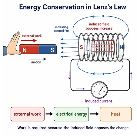 Energy conservation in Lenz’s law showing external work pushing a magnet toward a coil and induced field lines opposing the flux increase