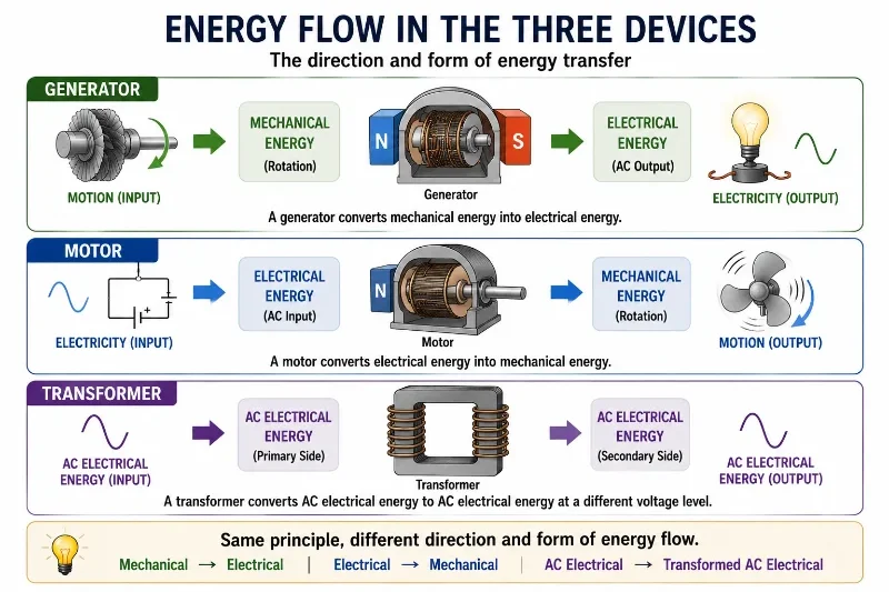 Energy flow diagram comparing generator motor and transformer energy conversion paths