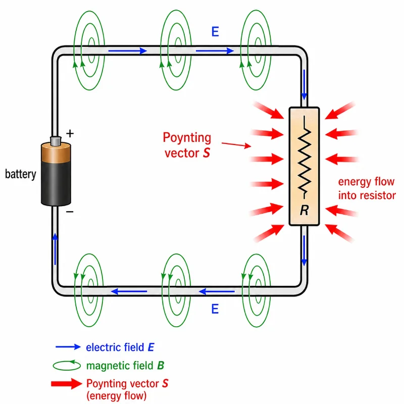 Educational diagram of a simple battery-resistor circuit showing electric field arrows along the wires, magnetic field loops around the wires, and Poynting vector arrows pointing from the surrounding space into the resistor.