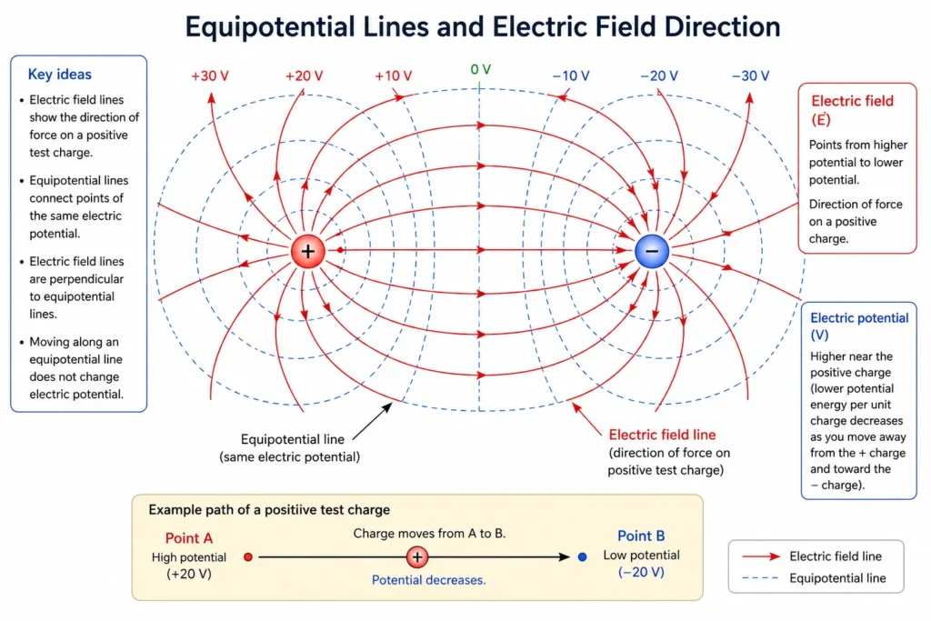Diagram showing equipotential lines and electric field lines between opposite charges, with field lines crossing equipotential lines at right angles and pointing from higher to lower potential.