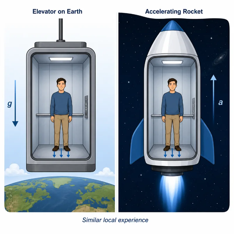 Educational illustration comparing a person standing in an elevator on Earth with a person inside an accelerating rocket in space, showing how gravity and acceleration can produce similar effects.