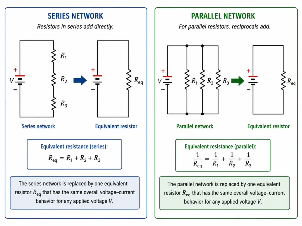 Comparison diagram showing series and parallel resistor networks being replaced by a single equivalent resistor while preserving the same overall circuit behaviour.