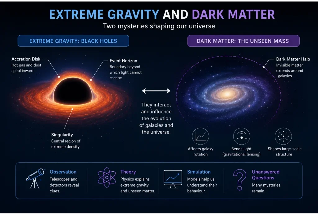 Educational illustration showing a black hole with an accretion disk beside a galaxy surrounded by a dark matter halo, with labels for event horizon, singularity, galaxy rotation, gravitational lensing, and large-scale structure.