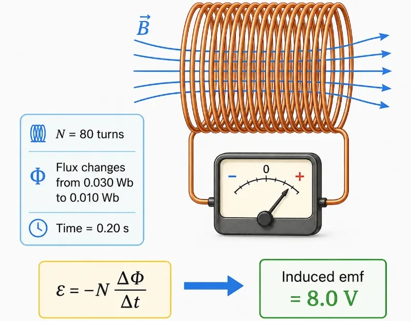 Worked example showing an 80-turn coil with changing magnetic flux producing an induced emf of 8.0 volts