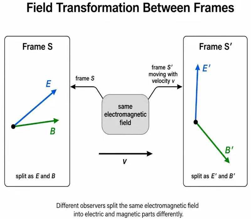 Educational physics diagram showing one electromagnetic field in the centre, with arrows leading to Frame S and Frame S′. In Frame S, the field is split into electric field E and magnetic field B. In Frame S′, moving with velocity v, the same field is split differently into E′ and B′.