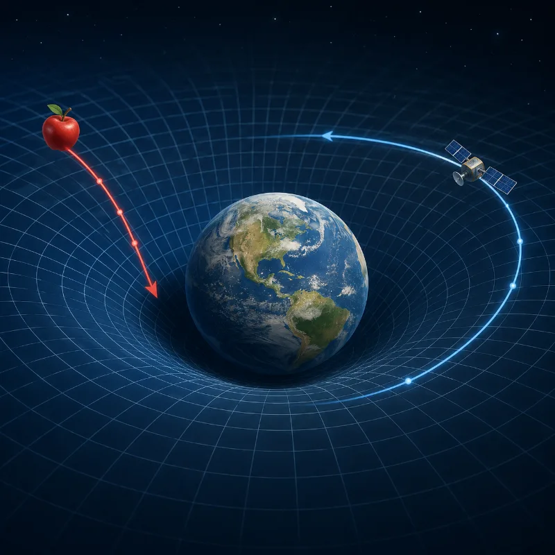 Educational illustration showing free fall and geodesic motion in General Relativity, with an apple falling toward Earth, a satellite orbiting Earth, and a curved spacetime path representing natural motion under gravity.