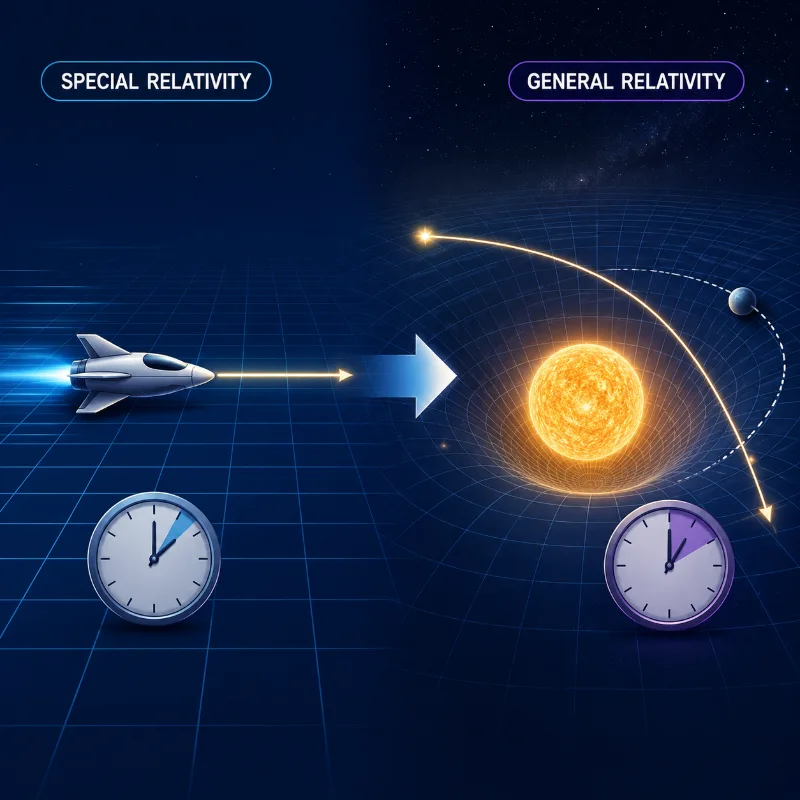Illustration comparing Special Relativity and General Relativity, showing a spacecraft moving through flat spacetime on one side and a massive object curving spacetime on the other.