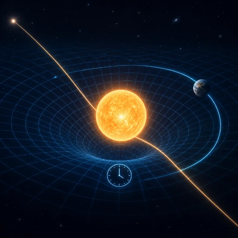 Illustration of General Relativity showing a massive star curving a blue spacetime grid, a planet following an orbital path, a clock near the curved region, and a beam of light bending as it passes near the star.