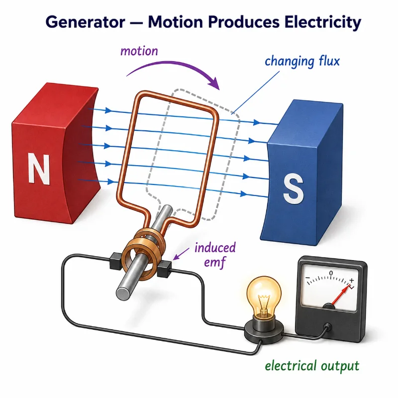 Generator diagram showing a rotating coil between magnetic poles producing induced emf and electrical output