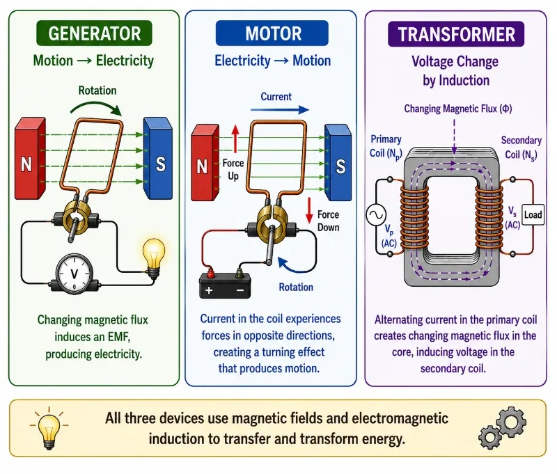Comparison diagram showing a generator converting motion to electricity, a motor converting electricity to motion, and a transformer changing voltage by induction