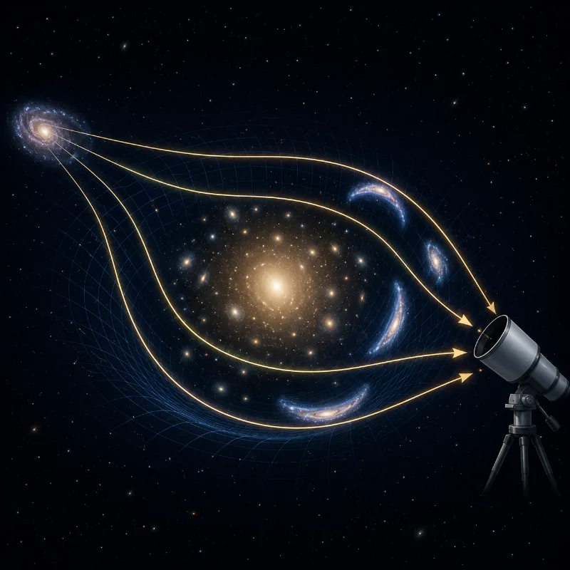 Illustration of gravitational lensing showing light from a distant galaxy bending around a massive object in curved spacetime, producing distorted and focused light paths.