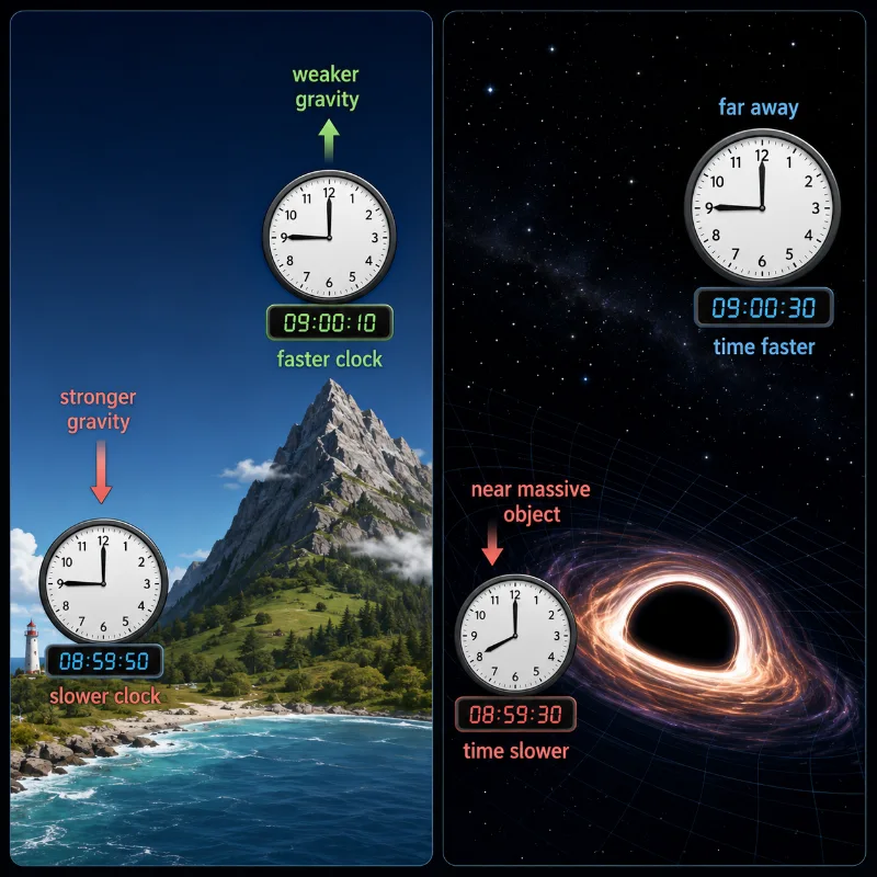Educational illustration of gravitational time dilation showing a slower clock in stronger gravity near sea level, a faster clock in weaker gravity on a mountain, and an even slower clock near a black hole.