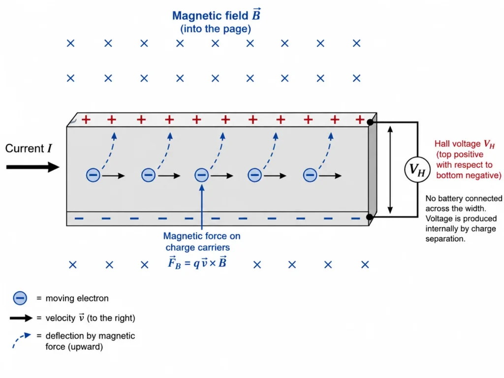 Current-carrying strip in a magnetic field showing moving charge carriers deflected sideways, charge separation across the strip, and Hall voltage produced internally