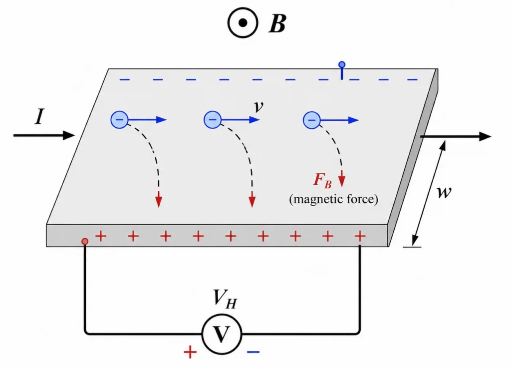 Current-carrying semiconductor strip in a magnetic field, showing moving charge carriers deflected sideways and a Hall voltage produced across the strip
