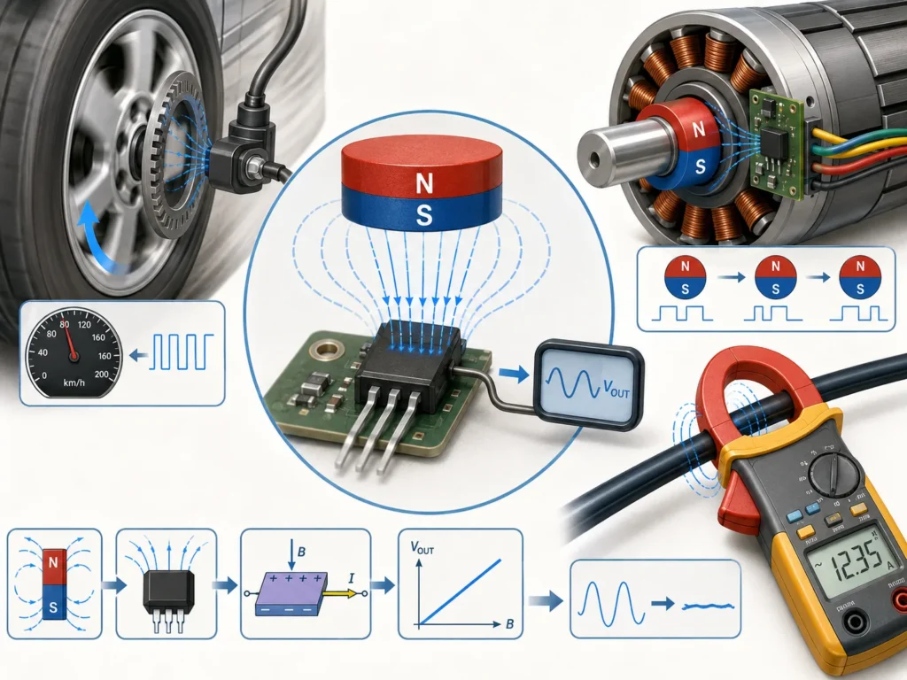 Real-world Hall effect sensor applications, including wheel speed sensing, motor rotor position sensing, magnetic field detection, and current measurement with a clamp meter.