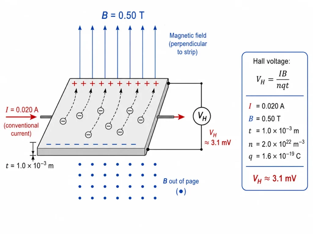 Worked example diagram of a Hall sensor strip carrying 0.020 amperes in a 0.50 tesla magnetic field, showing charge separation, strip thickness, and Hall voltage of about 3.1 millivolts.
