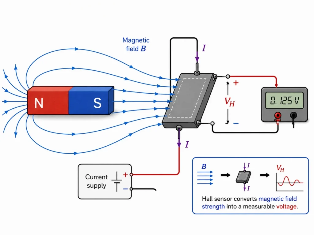 Hall sensor placed near a bar magnet, with magnetic field lines entering the sensor and a Hall voltage output measured by a meter