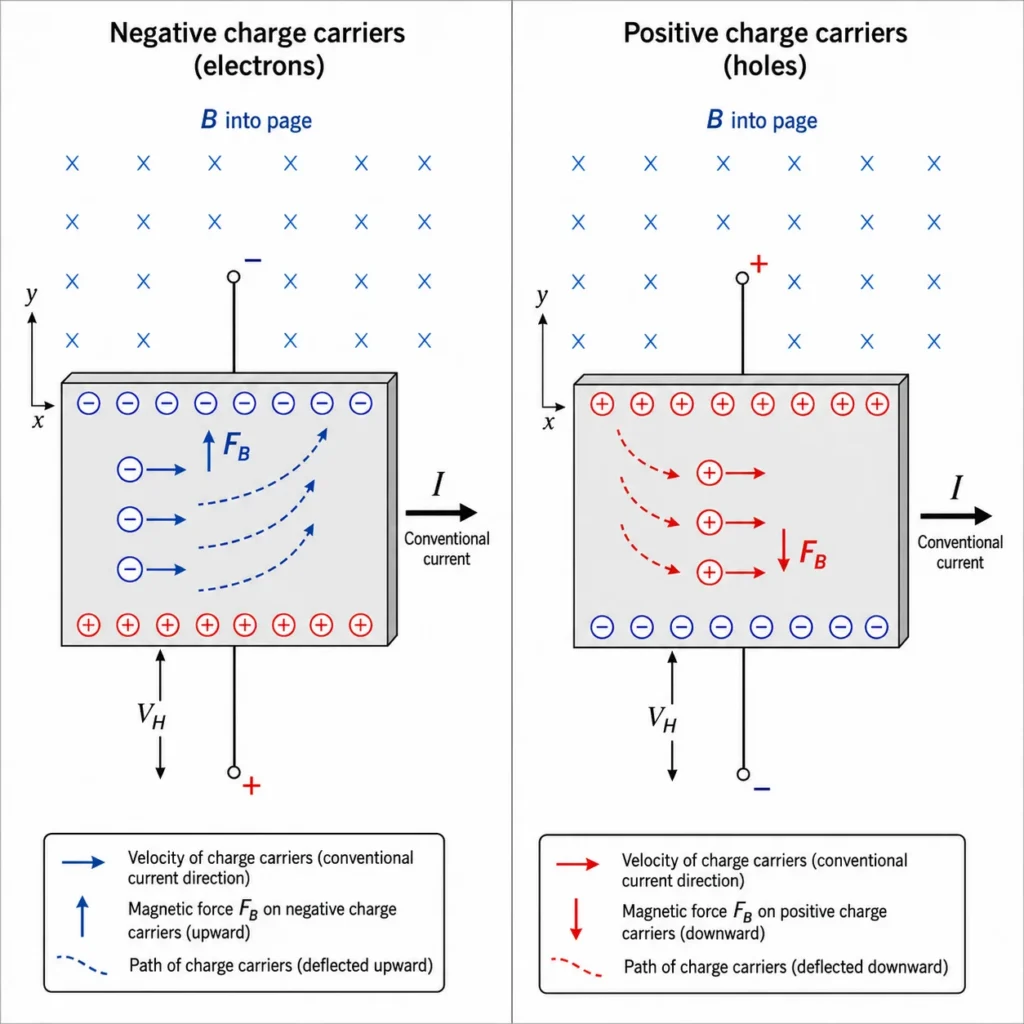 Side-by-side Hall effect diagram comparing electrons and positive holes, showing opposite charge separation and opposite Hall voltage polarity in the same magnetic field and current arrangement