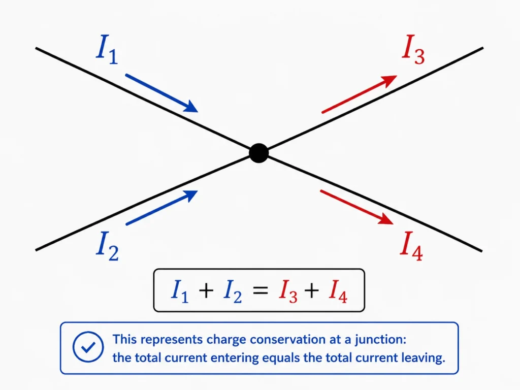 Junction diagram with two currents entering and two currents leaving, showing arrows labeled I1, I2, I3, and I4, together with the equation I1 + I2 = I3 + I4.