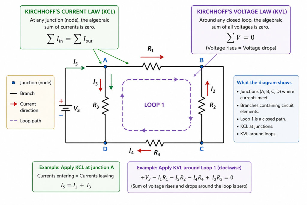 Circuit diagram showing Kirchhoff’s current law at a junction and Kirchhoff’s voltage law around a closed loop, with labelled branches, current arrows, nodes, resistors, and voltage source.