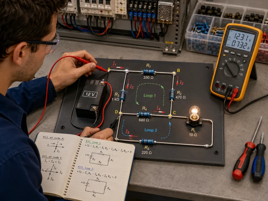 Technician testing a branching electrical circuit with a multimeter, showing loops, branches, current labels, and components on a circuit training board.