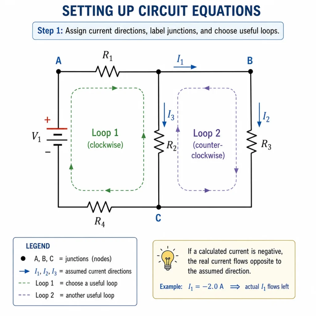 Multi-loop circuit with labelled nodes, assumed current directions, and highlighted loops for setting up Kirchhoff current and voltage equations.