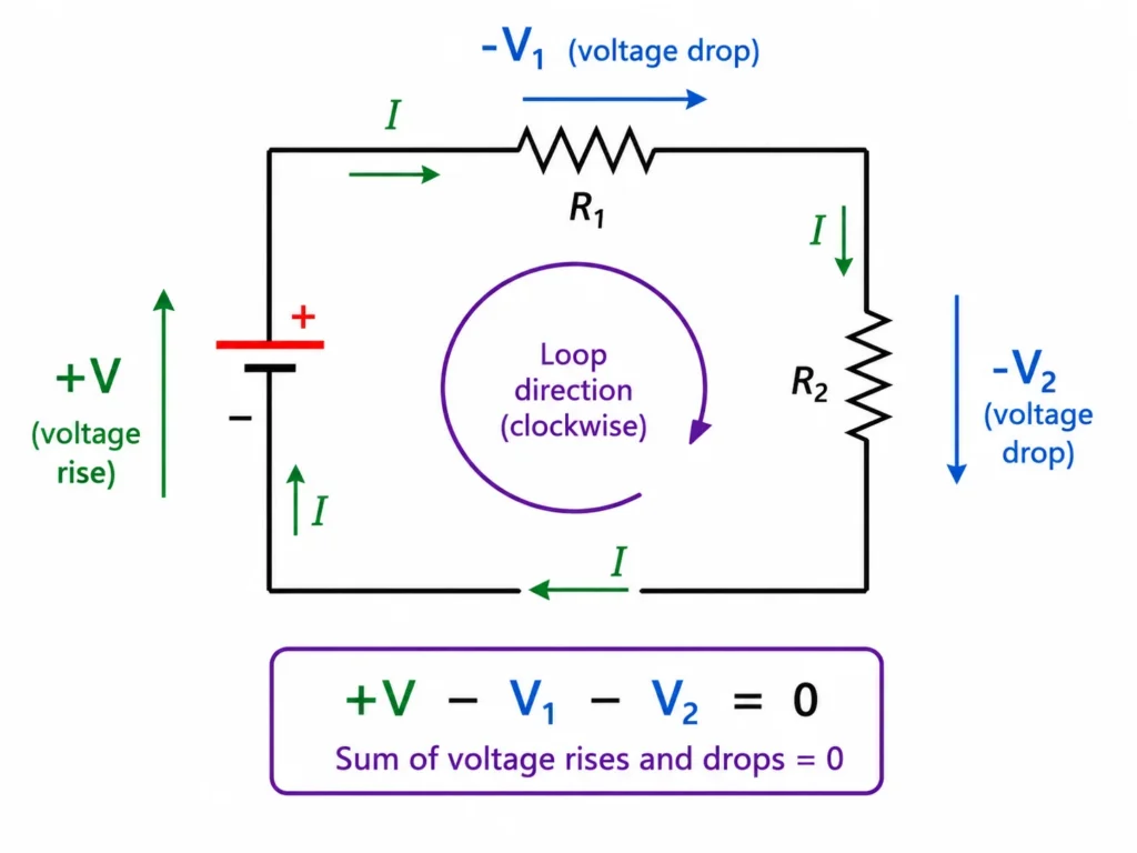 Closed-loop circuit with a battery, two resistors, current arrows, and labels showing one voltage rise and two voltage drops, illustrating Kirchhoff’s voltage law.