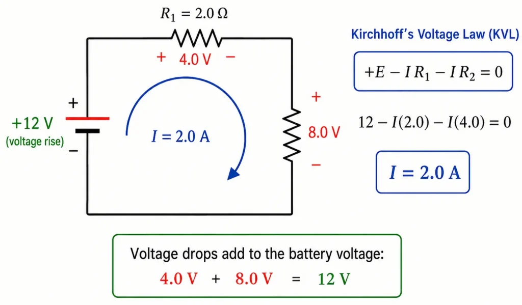 Single-loop circuit with a 12 volt battery and two series resistors, 2.0 ohms and 4.0 ohms, showing current of 2.0 amperes and voltage drops of 4.0 volts and 8.0 volts for a Kirchhoff voltage law example.