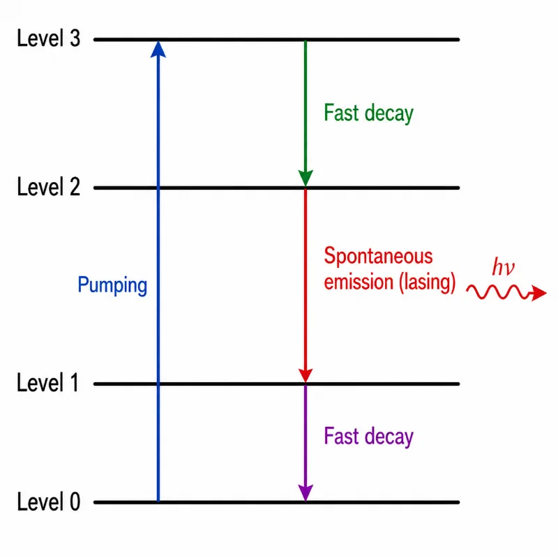 Diagram showing a laser energy-level system with pumping from Level 0 to Level 3, fast decay to Level 2, photon emission from Level 2 to Level 1, and fast decay back to Level 0.