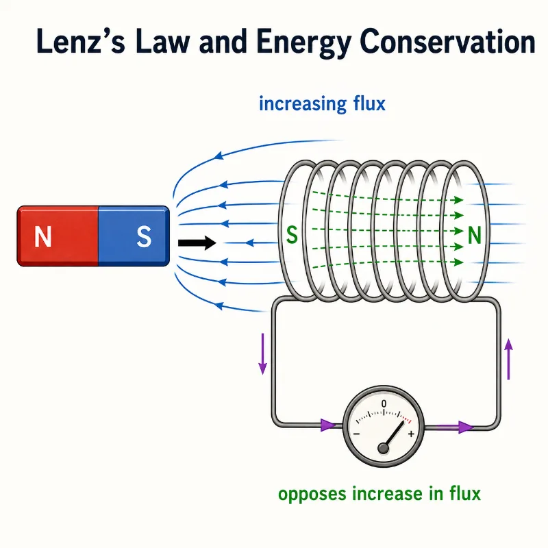 Corrected Lenz’s law diagram showing the S pole of a magnet moving toward a coil with induced current opposing the increasing magnetic flux