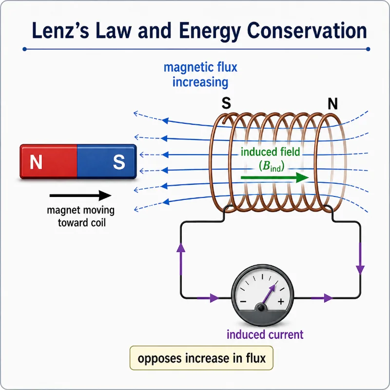 Corrected main diagram of Lenz’s law showing an S pole moving toward a coil, increasing magnetic flux, and an induced field opposing the increase