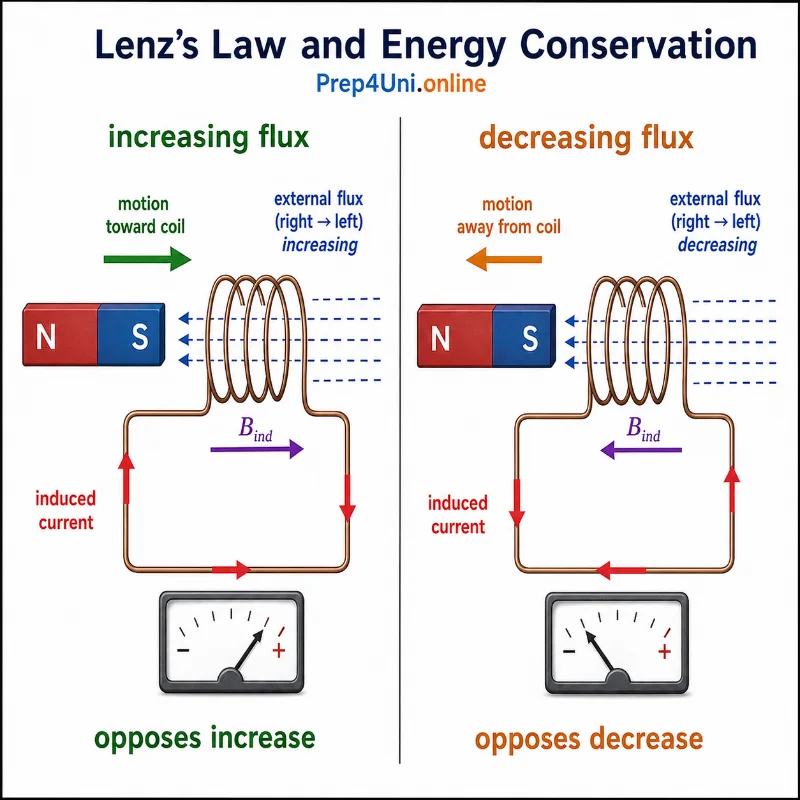 Corrected Lenz’s law comparison showing a magnet moving toward and away from a coil with induced current opposing the change in magnetic flux
