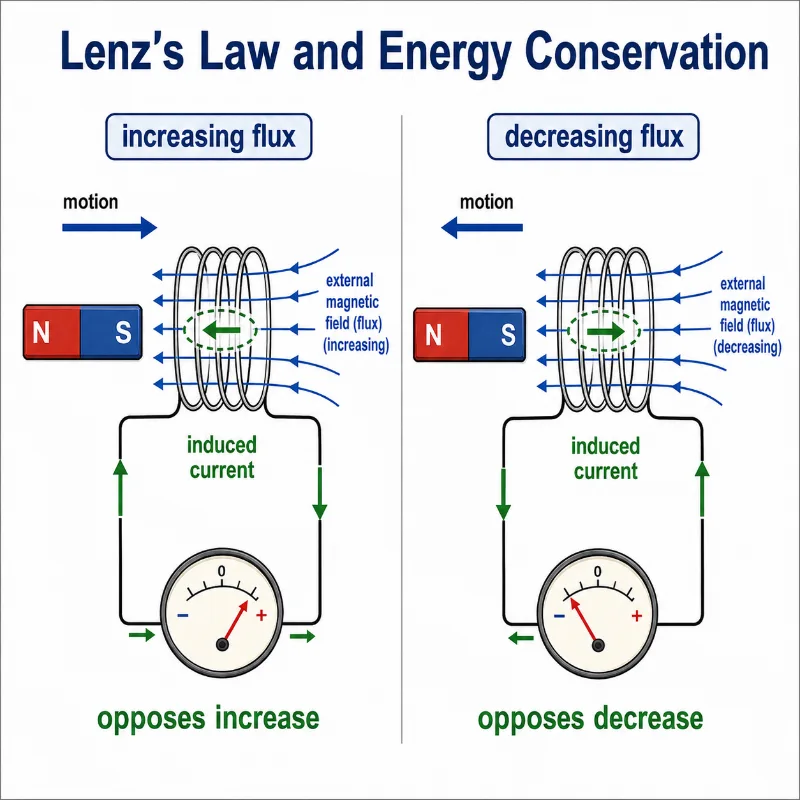 Lenz’s law comparison showing horizontal magnets and opposite meter deflections for increasing and decreasing magnetic flux through a coil