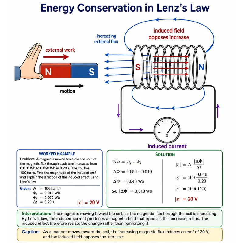 Worked example of Lenz’s law showing a magnet moving toward a coil, increasing magnetic flux, and an induced emf of 20 volts