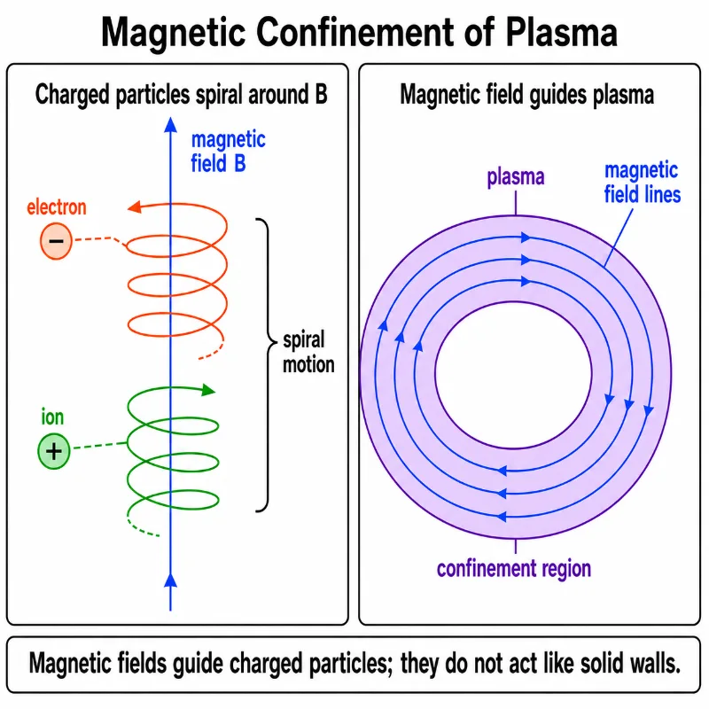Educational plasma physics diagram showing electrons and ions spiralling around a magnetic field line and a toroidal plasma confinement region with magnetic field lines flowing consistently in one direction.