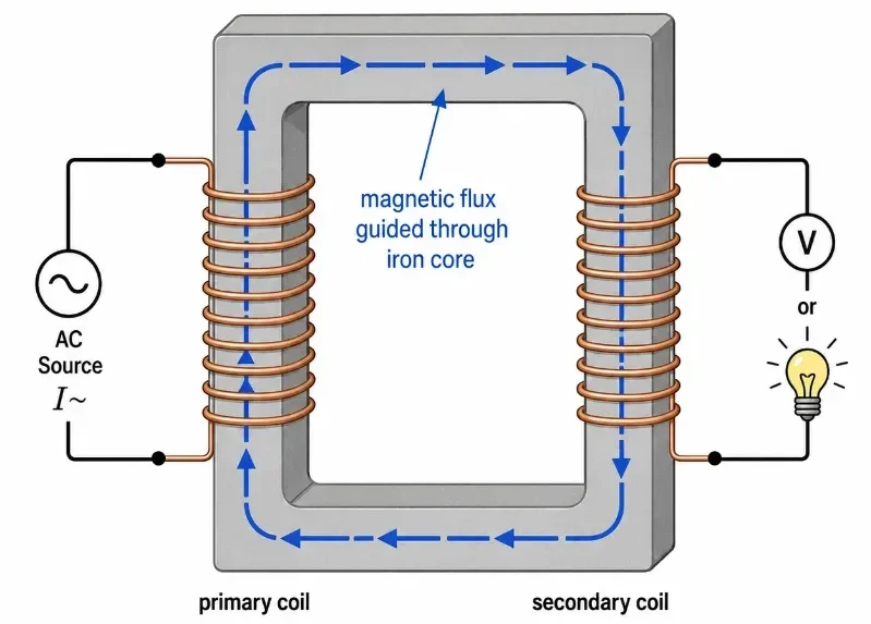 Diagram showing primary and secondary coils wound around an iron core, with magnetic flux guided through the core from one coil to the other