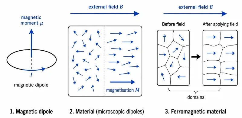 Educational physics diagram showing a current-loop magnetic dipole with magnetic moment μ, microscopic dipoles in a material aligning with an external magnetic field B, and ferromagnetic domains becoming more aligned after a field is applied.