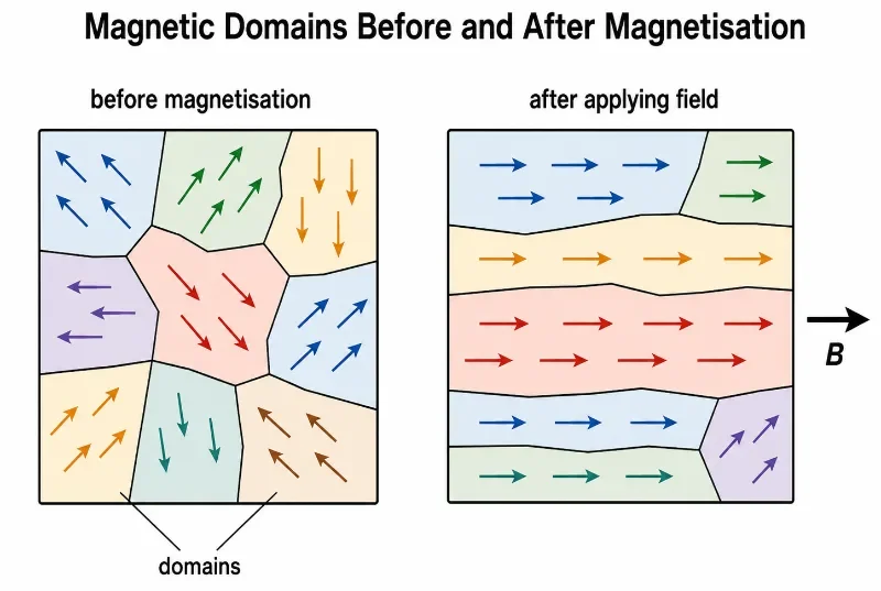 Two-panel educational physics diagram showing magnetic domains before magnetisation with arrows pointing in different directions, and after applying a magnetic field B with most domain arrows aligned.