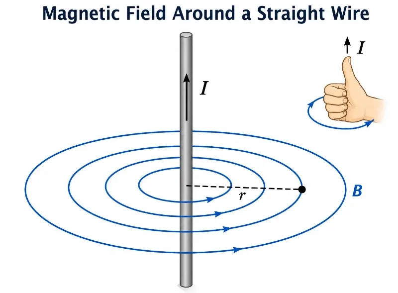 Educational physics diagram showing a vertical wire carrying current upward, with circular magnetic field lines around the wire, a distance r from the wire, magnetic field B, and a right-hand-rule cue.