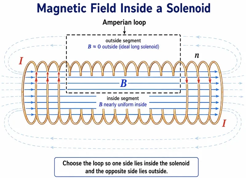 Educational physics diagram showing a long solenoid with current I, a nearly uniform magnetic field B inside, weak return field lines outside, and a closed rectangular Amperian loop passing partly inside and partly outside the solenoid.