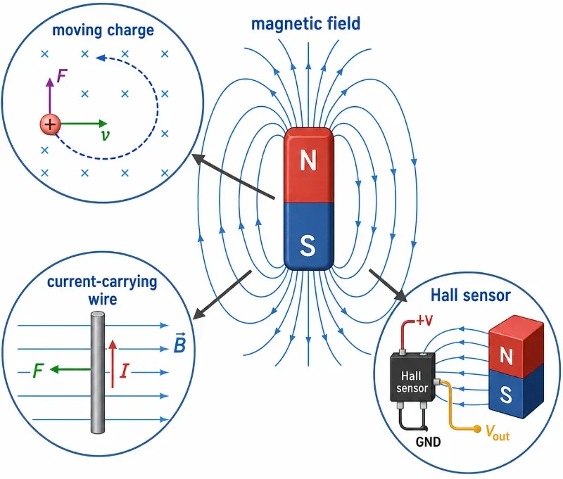 Introductory diagram for magnetic fields showing a bar magnet with field lines, a moving charge, a current-carrying wire, and a Hall sensor as key applications.