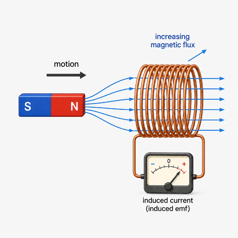 Magnet moving toward a coil with changing magnetic flux and induced emf shown on a meter