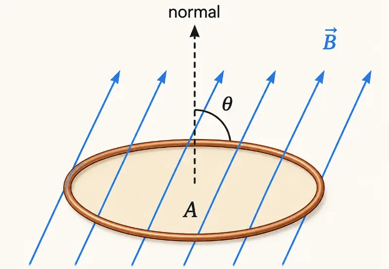 Magnetic field lines passing through a loop with area, normal direction, and angle theta labelled