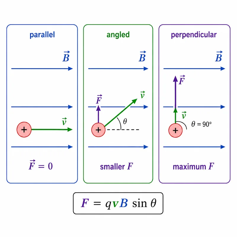Three-panel diagram comparing a positive charge moving parallel, at an angle, and perpendicular to a magnetic field, showing zero, smaller, and maximum magnetic force.