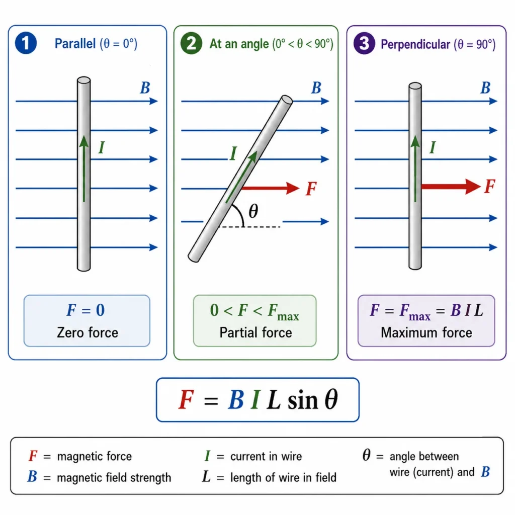 Comparison diagram showing a current-carrying wire parallel, angled, and perpendicular to a magnetic field, with zero, partial, and maximum magnetic force.