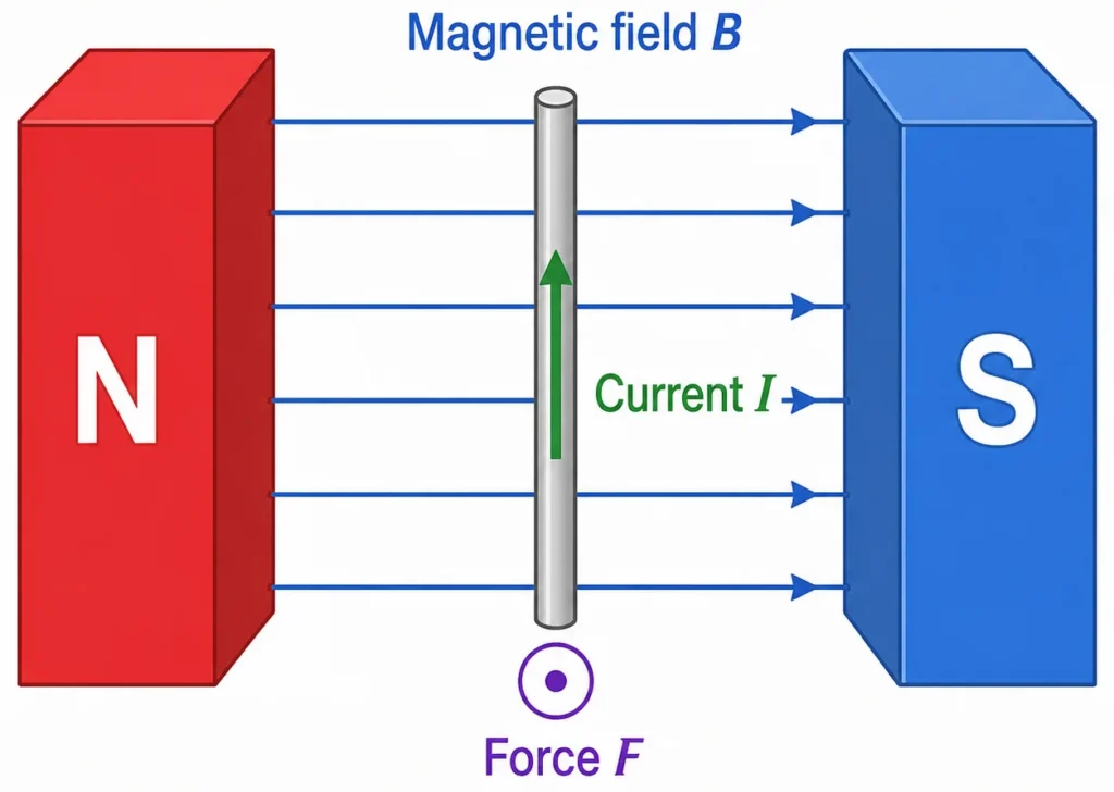 Straight current-carrying wire placed between north and south magnetic poles, showing magnetic field direction, current direction, and force direction perpendicular to both.