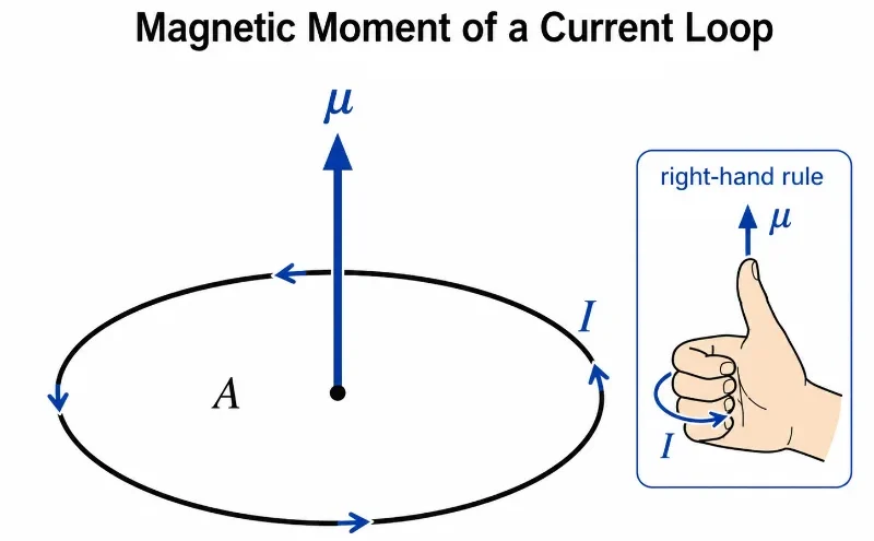 Educational physics diagram showing a circular current loop with current I, loop area A, magnetic dipole moment μ pointing perpendicular to the loop, and a right-hand-rule cue.