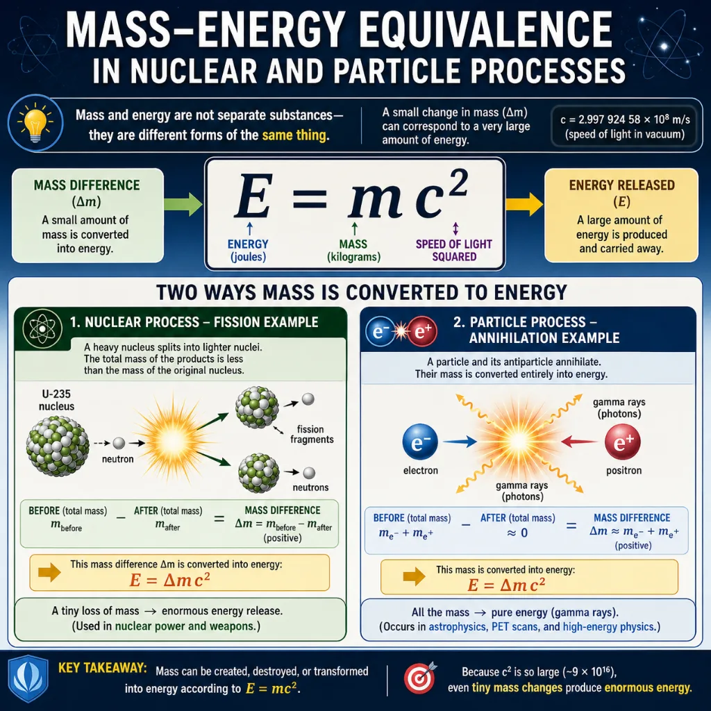Educational infographic explaining mass-energy equivalence with E = mc², showing how a small mass difference can be converted into energy in nuclear fission and particle-antiparticle annihilation.